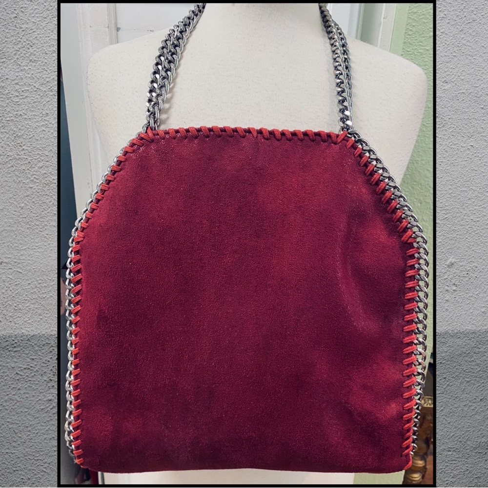 NEW Designer Burgundy Faux Vegan Suede Leather Gunmetal Silver Chain Tote Purse